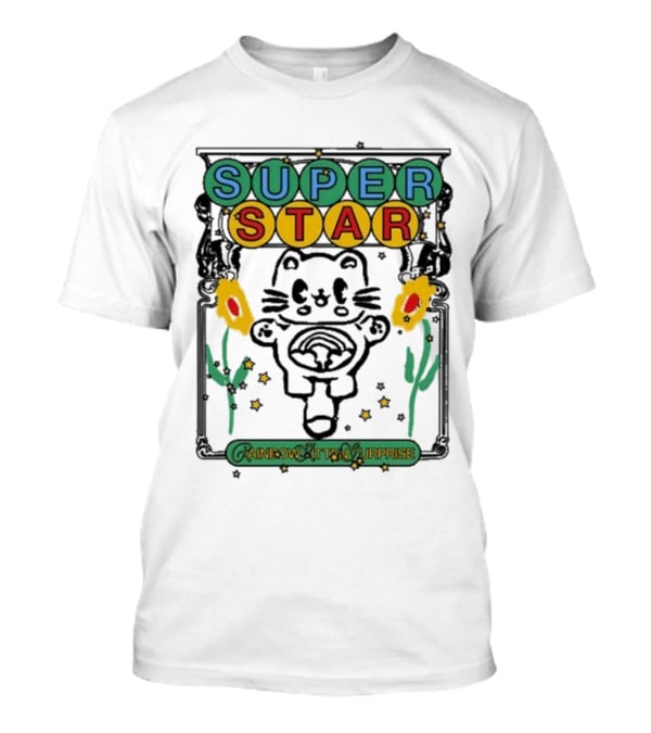 Rainbow Kitten Surprise Superstar Floating Cat With Rainbow Starry Background T-Shirt