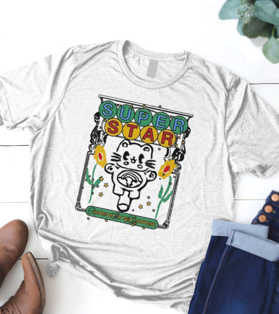 Rainbow Kitten Surprise Superstar Floating Cat With Rainbow Starry Background T-Shirt