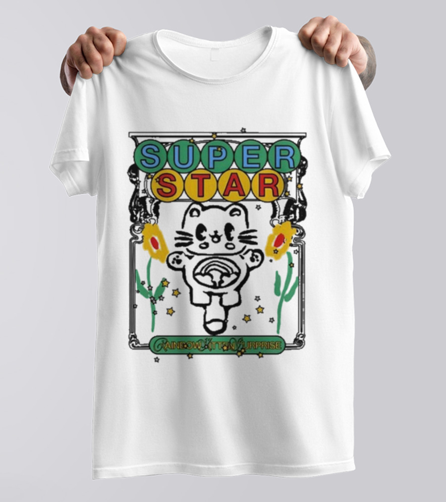Rainbow Kitten Surprise Superstar Floating Cat With Rainbow Starry Background T-Shirt