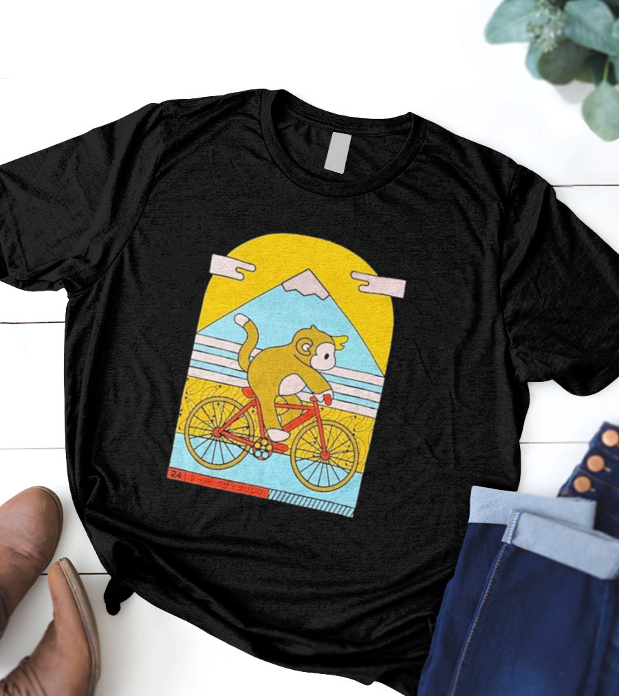 CDAWGVA Cycle Pullover Monkey Riding Bike With Mountain Background T-Shirt