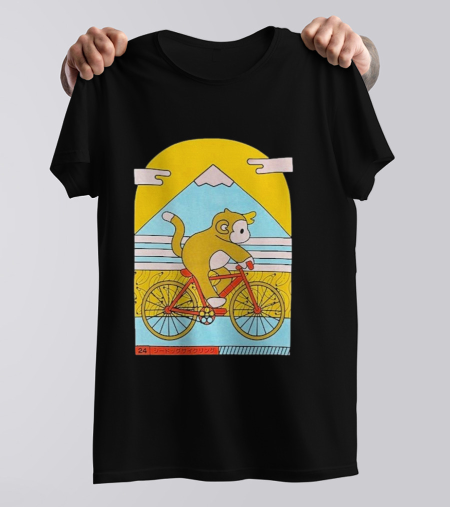 CDAWGVA Cycle Pullover Monkey Riding Bike With Mountain Background T-Shirt