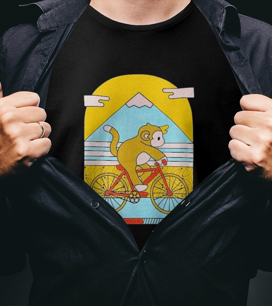 CDAWGVA Cycle Pullover Monkey Riding Bike With Mountain Background T-Shirt