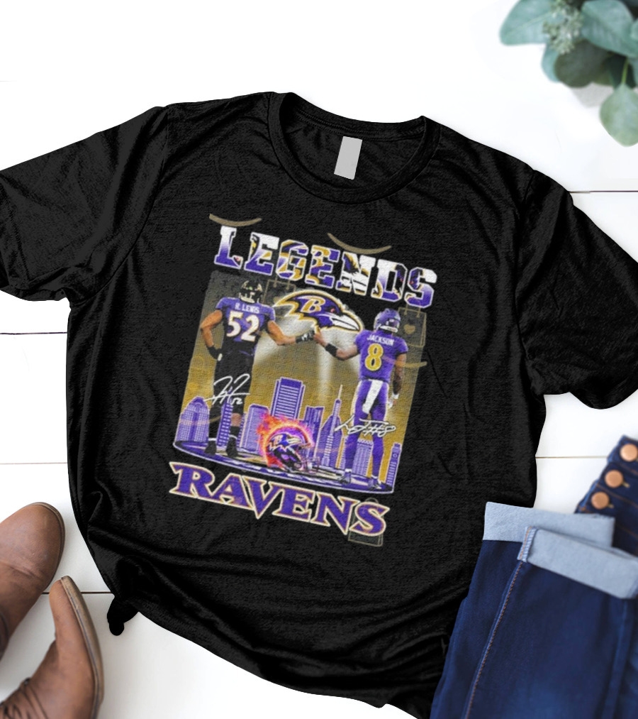 Baltimore Ravens Legends Ray Lewis 52 X Lamar Jackson 8 Signature T-Shirt