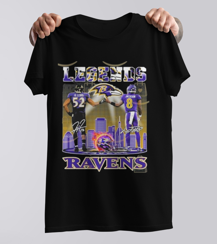 Baltimore Ravens Legends Ray Lewis 52 X Lamar Jackson 8 Signature T-Shirt