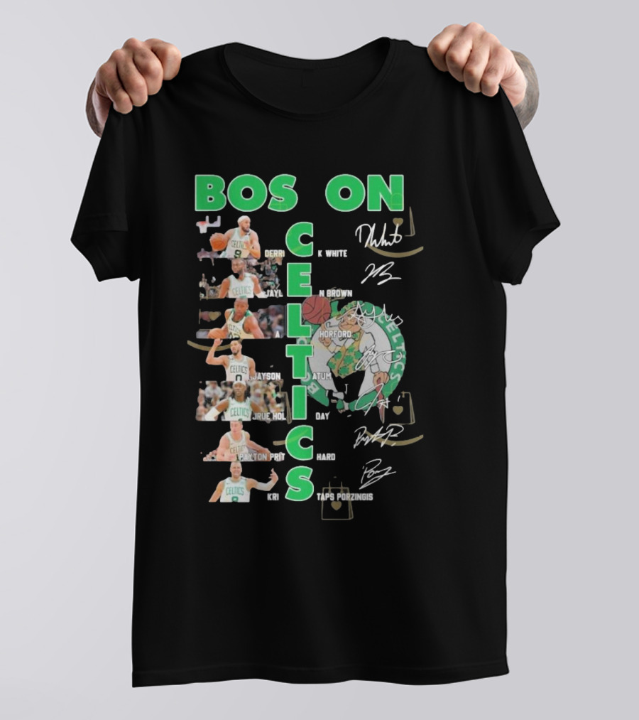 Boston Celtics Derrick White Jaylen Brown Jayson Tatum Jrue Holiday Al Horford Kris Porzingis Team Signatures T-Shirt