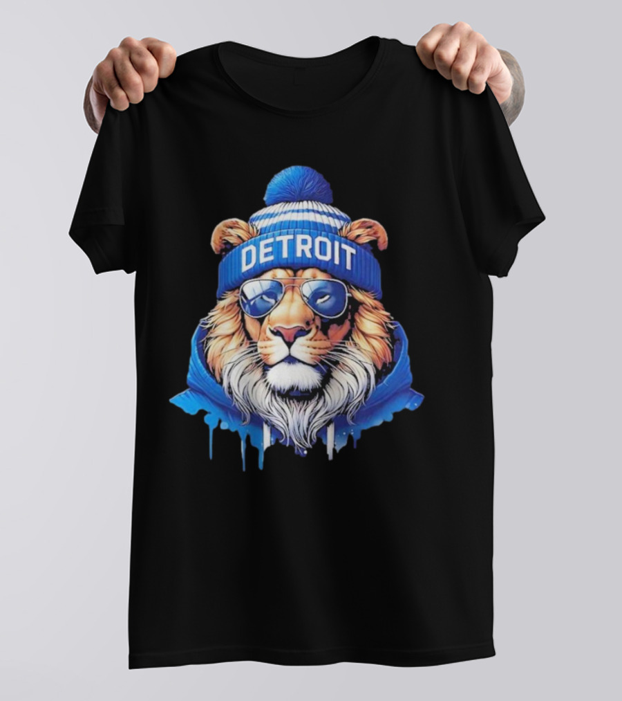 Detroit Lions Football 2025 New Season Cool Lion In Blue Beanie And Shades T-Shirt