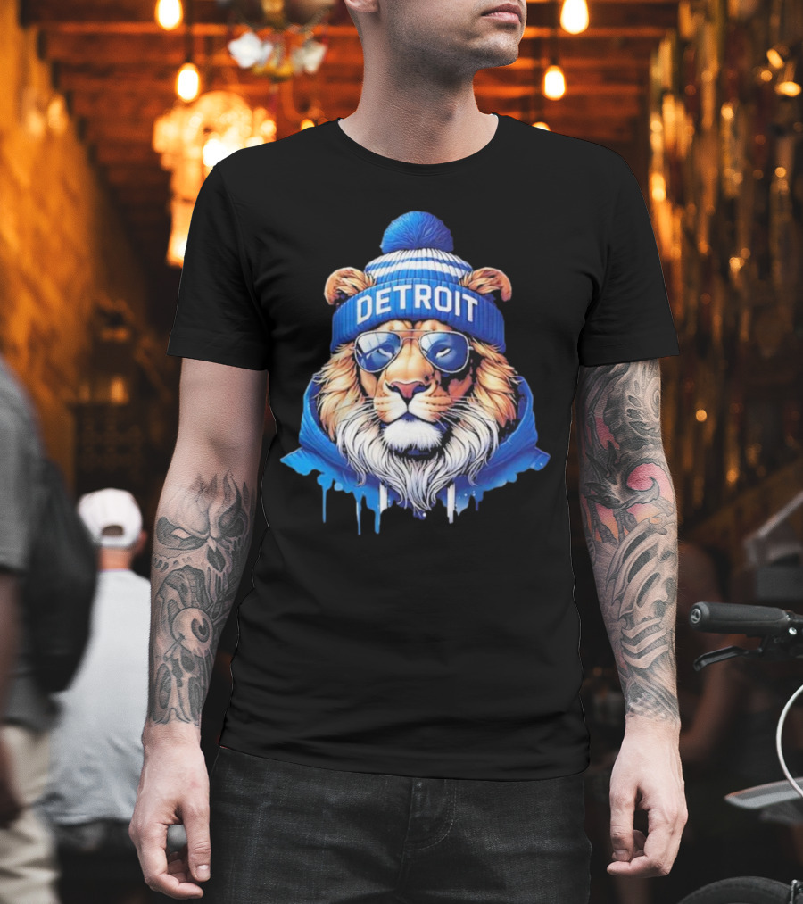 Detroit Lions Football 2025 New Season Cool Lion In Blue Beanie And Shades T-Shirt