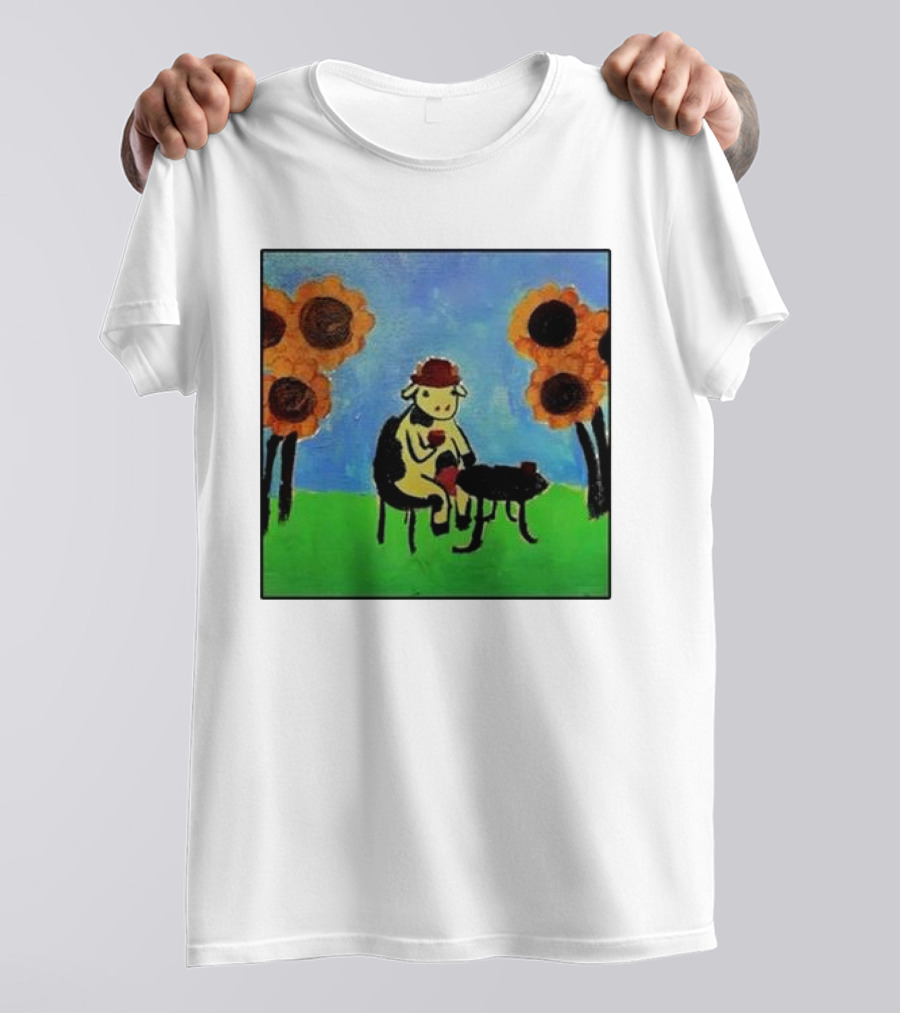 Cow Painting With Sunflowers And Tea Party Scene T-Shirt