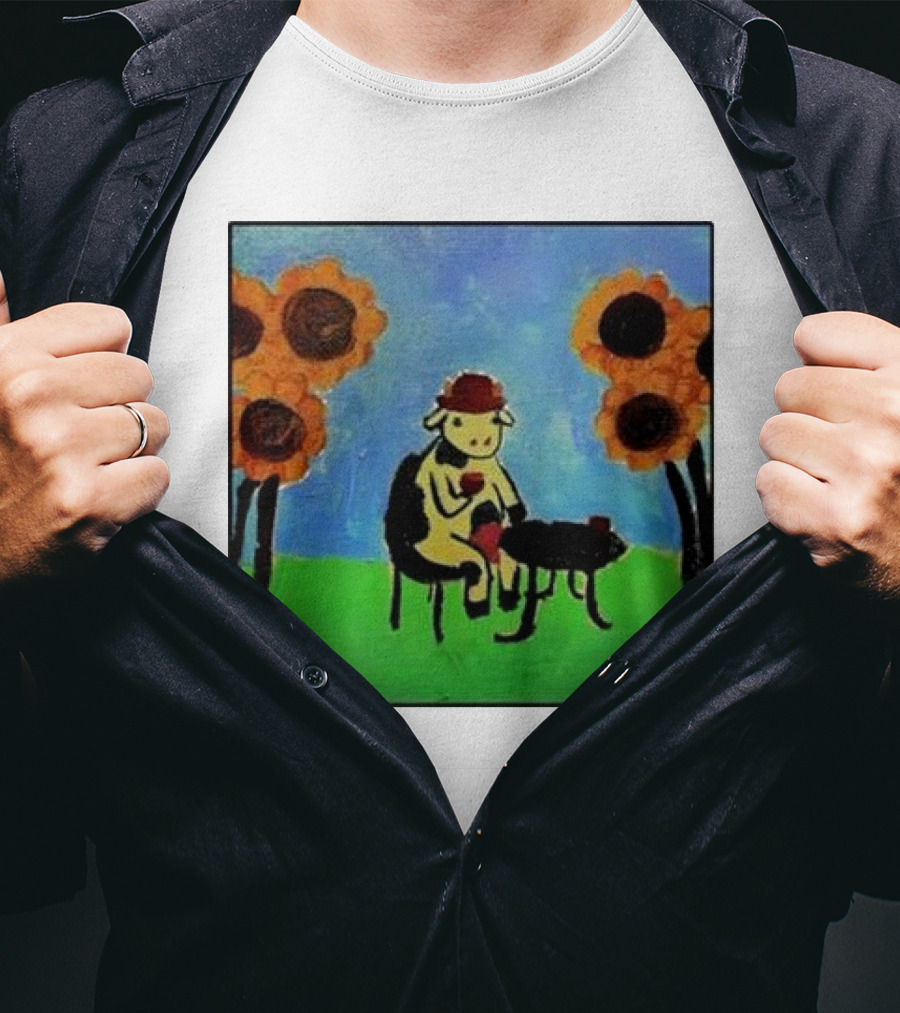 Cow Painting With Sunflowers And Tea Party Scene T-Shirt