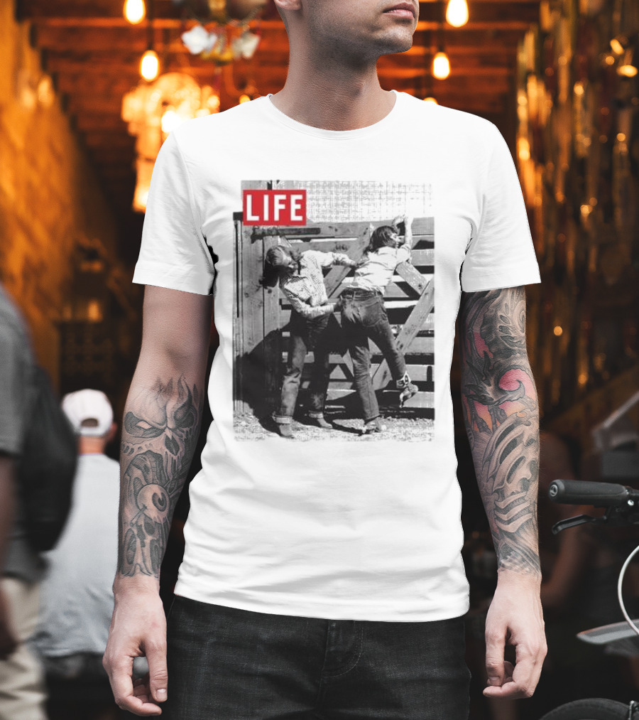 Life Magazine Cowboy Boys Playful Dust Off Fence Scene T-Shirt