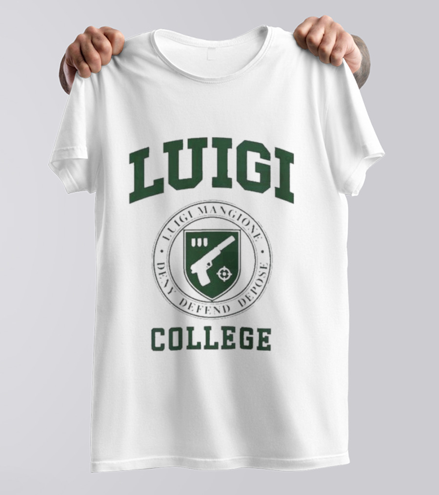 Luigi Mangione Deny Defend Depose College Gun Emblem T-Shirt