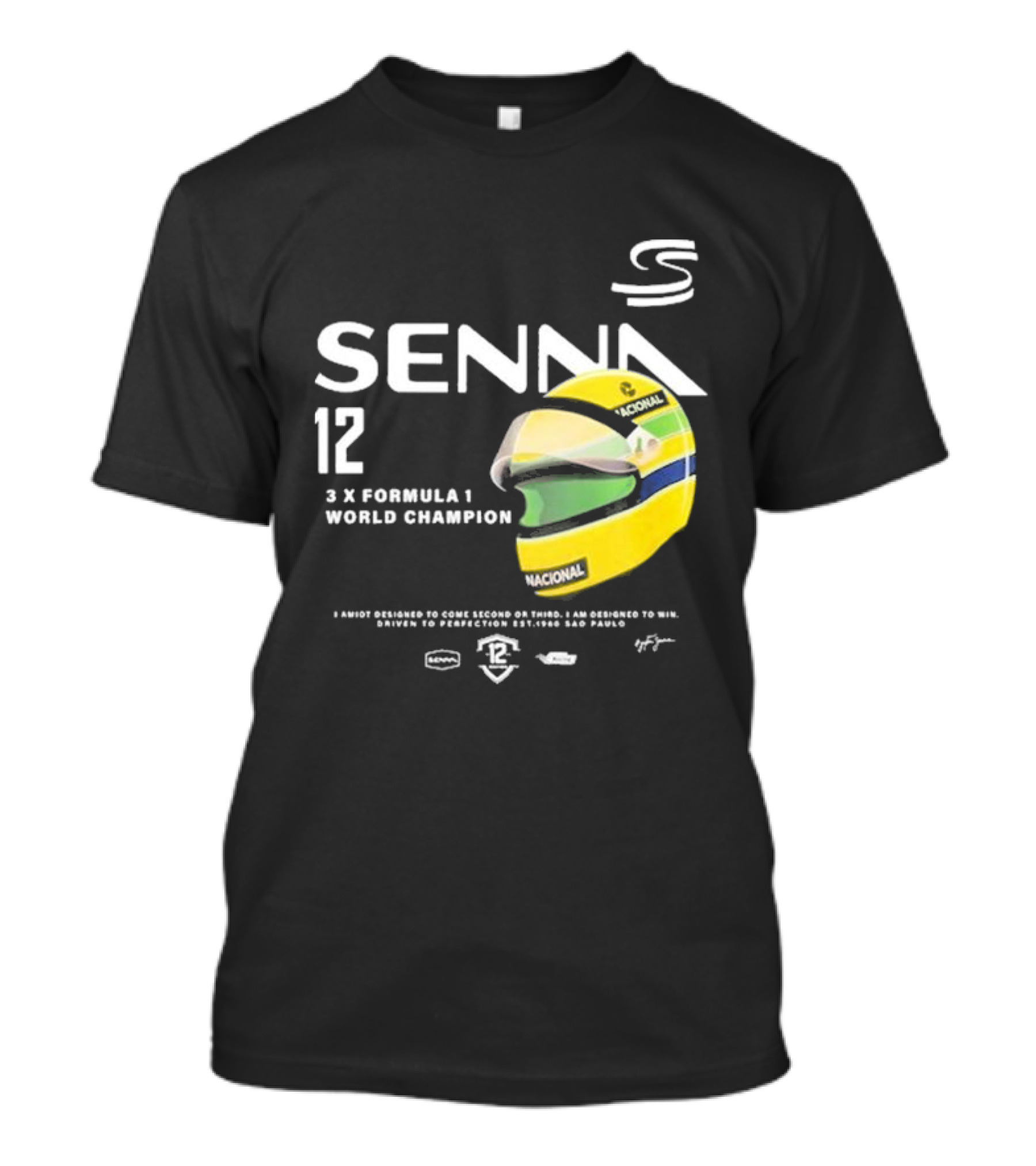 Senna 12 3x Formula 1 World Champion Driven To Perfection São Paulo Helmet T-Shirt