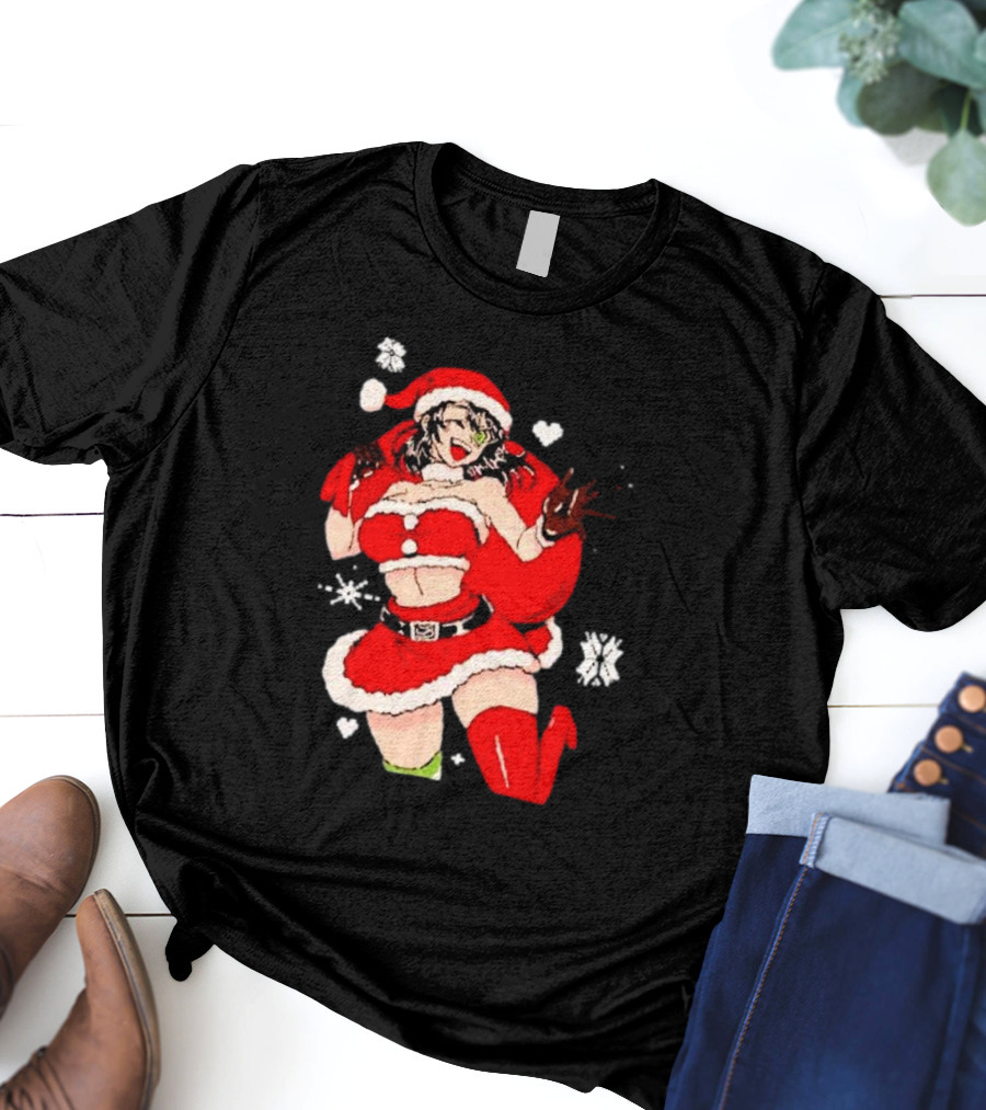 Supps Waifu Uwu Ugly Christmas Santa Anime Girl In Red Outfit With Snowflakes And Hearts T-Shirt