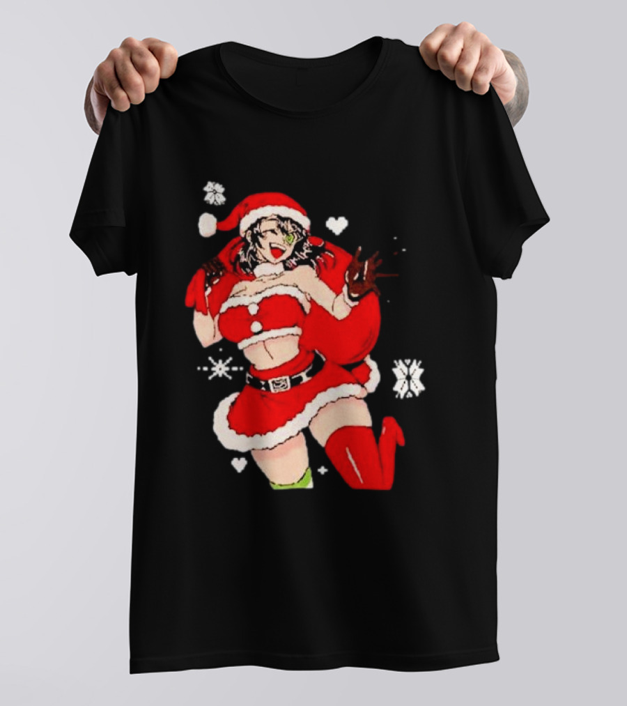 Supps Waifu Uwu Ugly Christmas Santa Anime Girl In Red Outfit With Snowflakes And Hearts T-Shirt