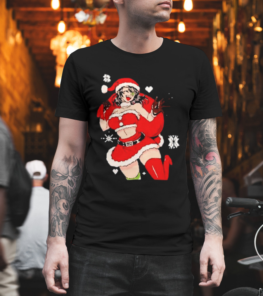 Supps Waifu Uwu Ugly Christmas Santa Anime Girl In Red Outfit With Snowflakes And Hearts T-Shirt
