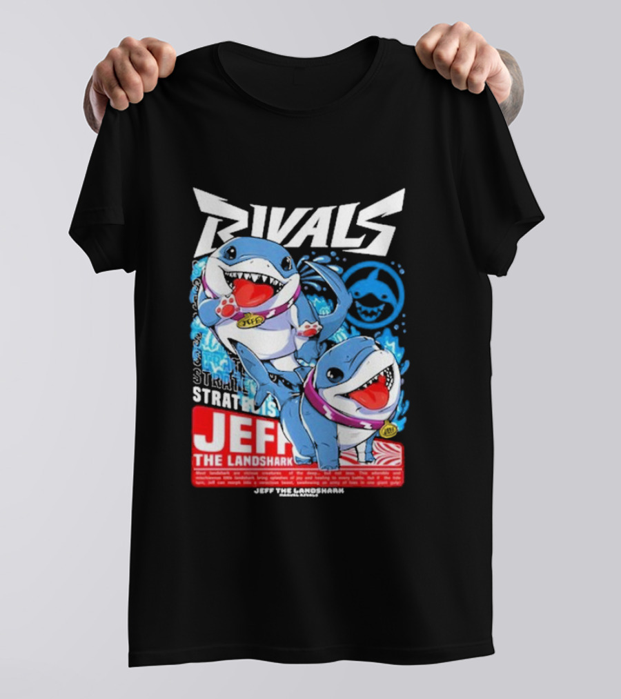 Rivals Stratbois Jeff The Land Shark Anime Style With Blue And Red Cartoon T-Shirt