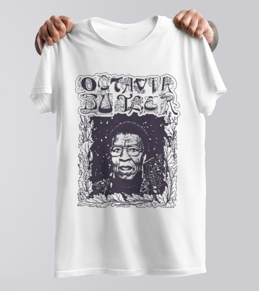 Octavia Butler Portrait With Leafy Cosmic Border T-Shirt