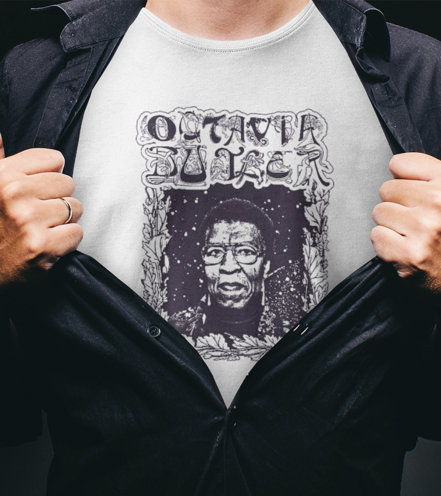 Octavia Butler Portrait With Leafy Cosmic Border T-Shirt