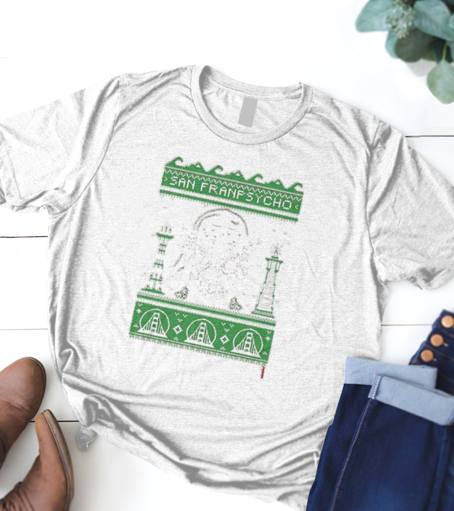 San Franpsycho Sfp Holiday Bridge Towers Snowflakes Green Holiday T-Shirt