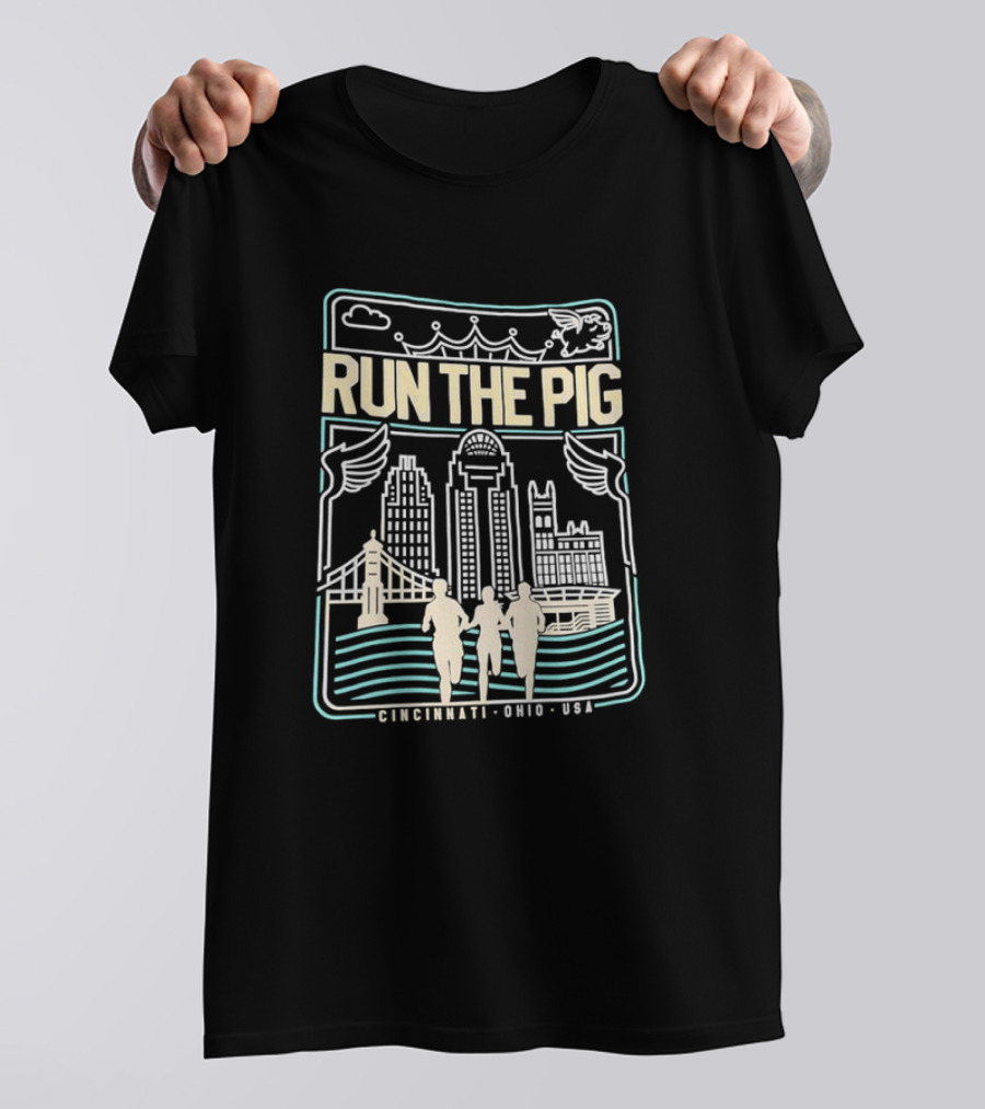 RUN THE PIG Skyline And Runners Cincinnati Ohio USA T-Shirt