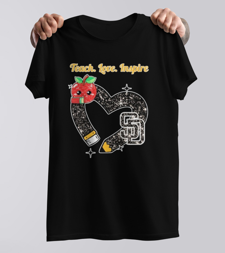 Teach Love Inspire San Diego Padres Sparkling Heart Apple Pencil T-Shirt