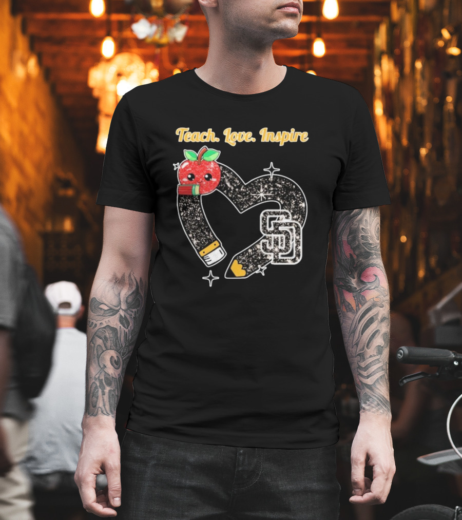 Teach Love Inspire San Diego Padres Sparkling Heart Apple Pencil T-Shirt