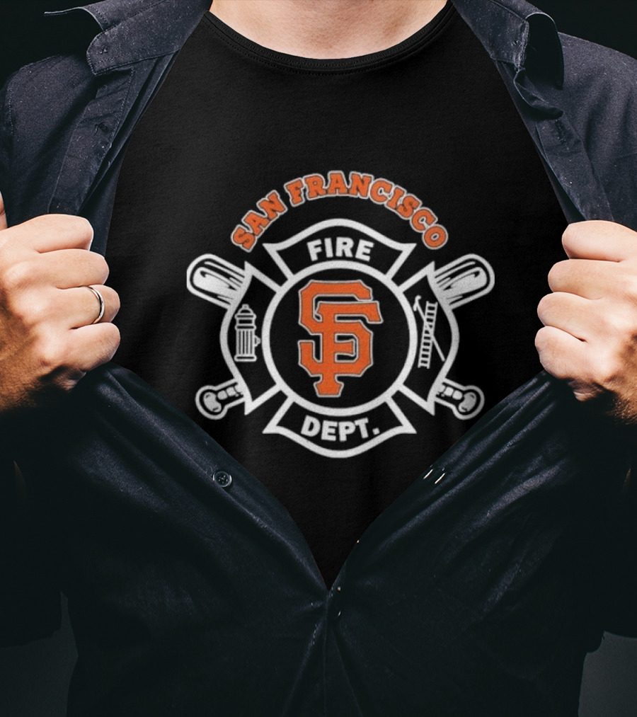 San Francisco Giants Fire Dept Firefighters SF Baseball Crossed Axes Ladder T-Shirt