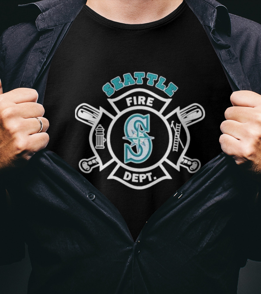 Seattle Mariners Fire Dept Firefighters Axes And Hydrant Emblem T-Shirt
