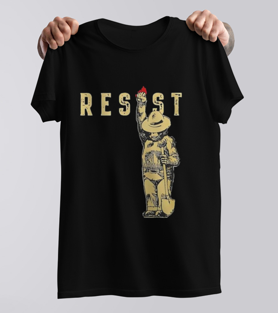 "Smokey Resist Firefighter Bear With Raised Fist And Shovel" T-Shirt