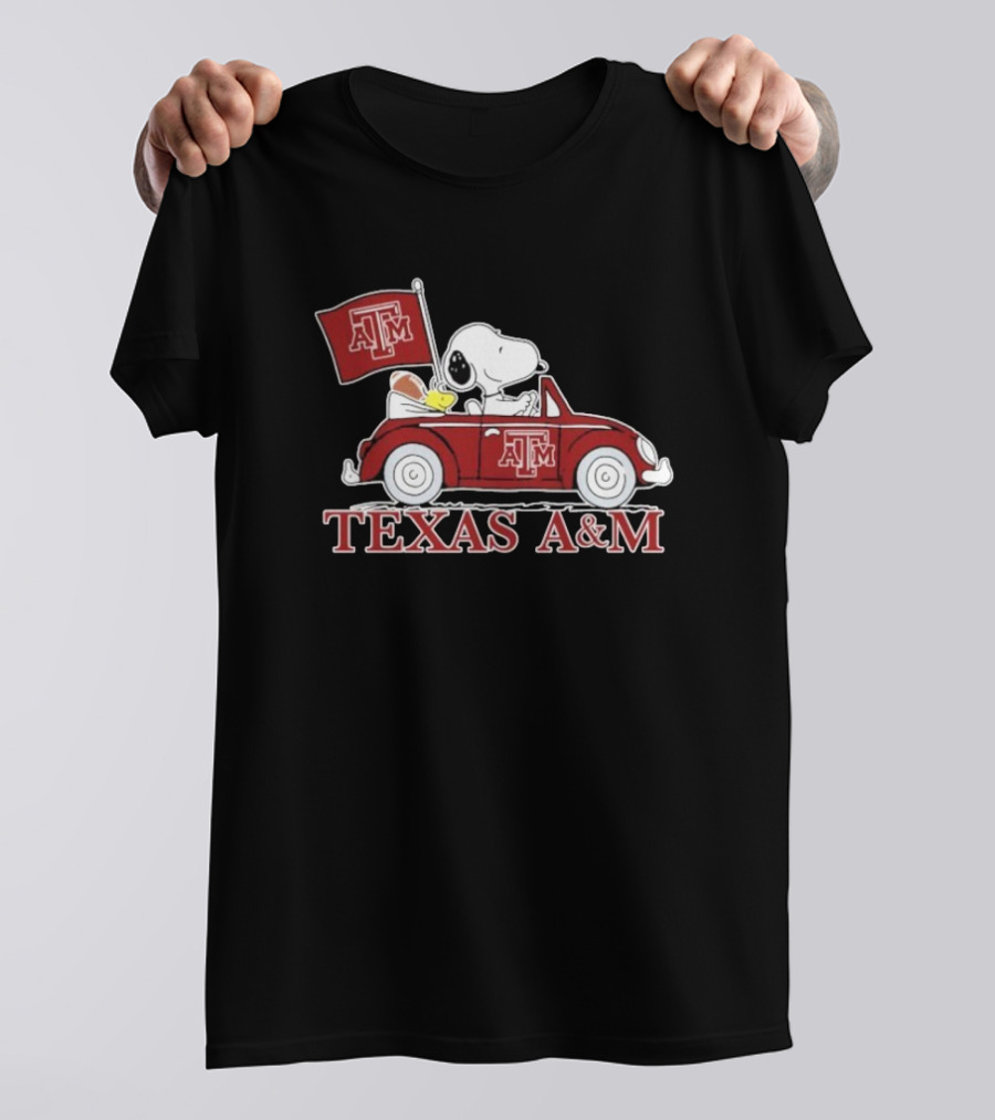 Snoopy Woodstock Driving Texas A&M Car Peanuts T-Shirt