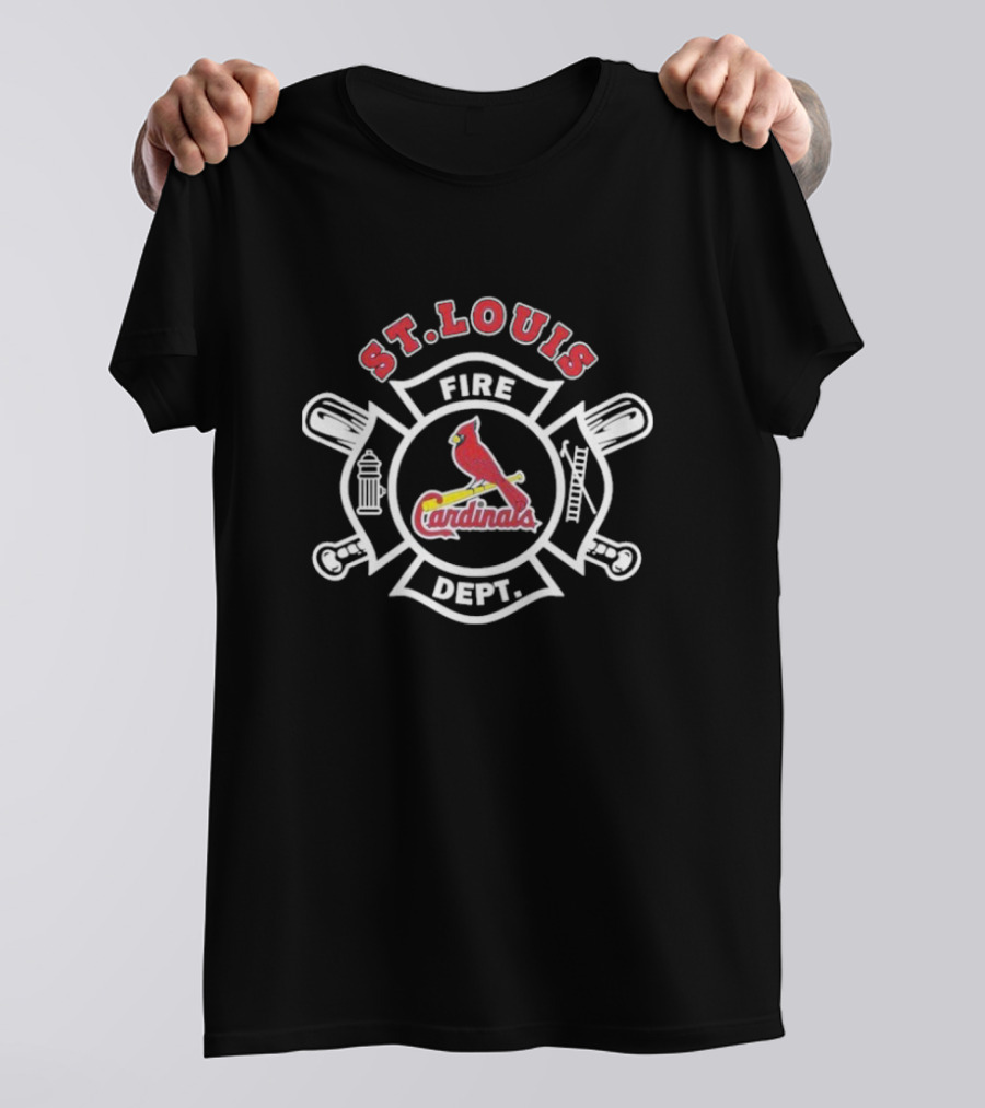 St Louis Cardinals Fire Dept Firefighters MLB Collaboration With Symbolic Badge And Equipment T-Shirt