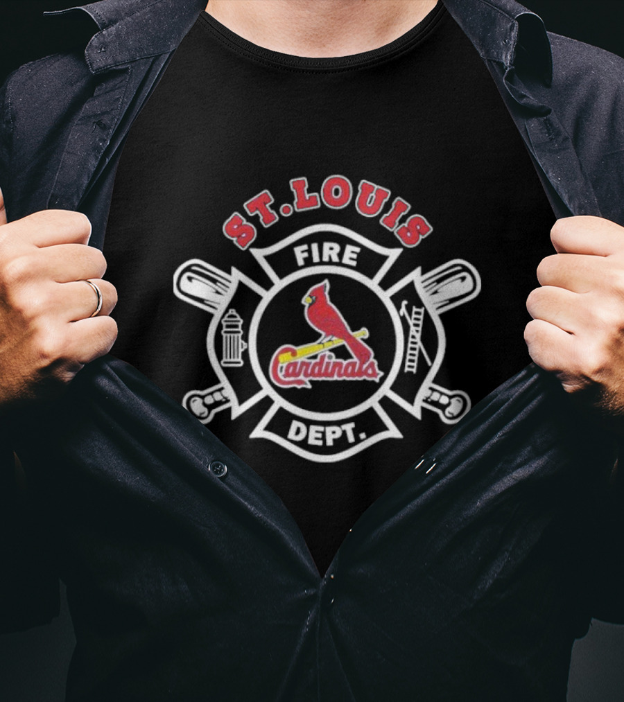 St Louis Cardinals Fire Dept Firefighters MLB Collaboration With Symbolic Badge And Equipment T-Shirt