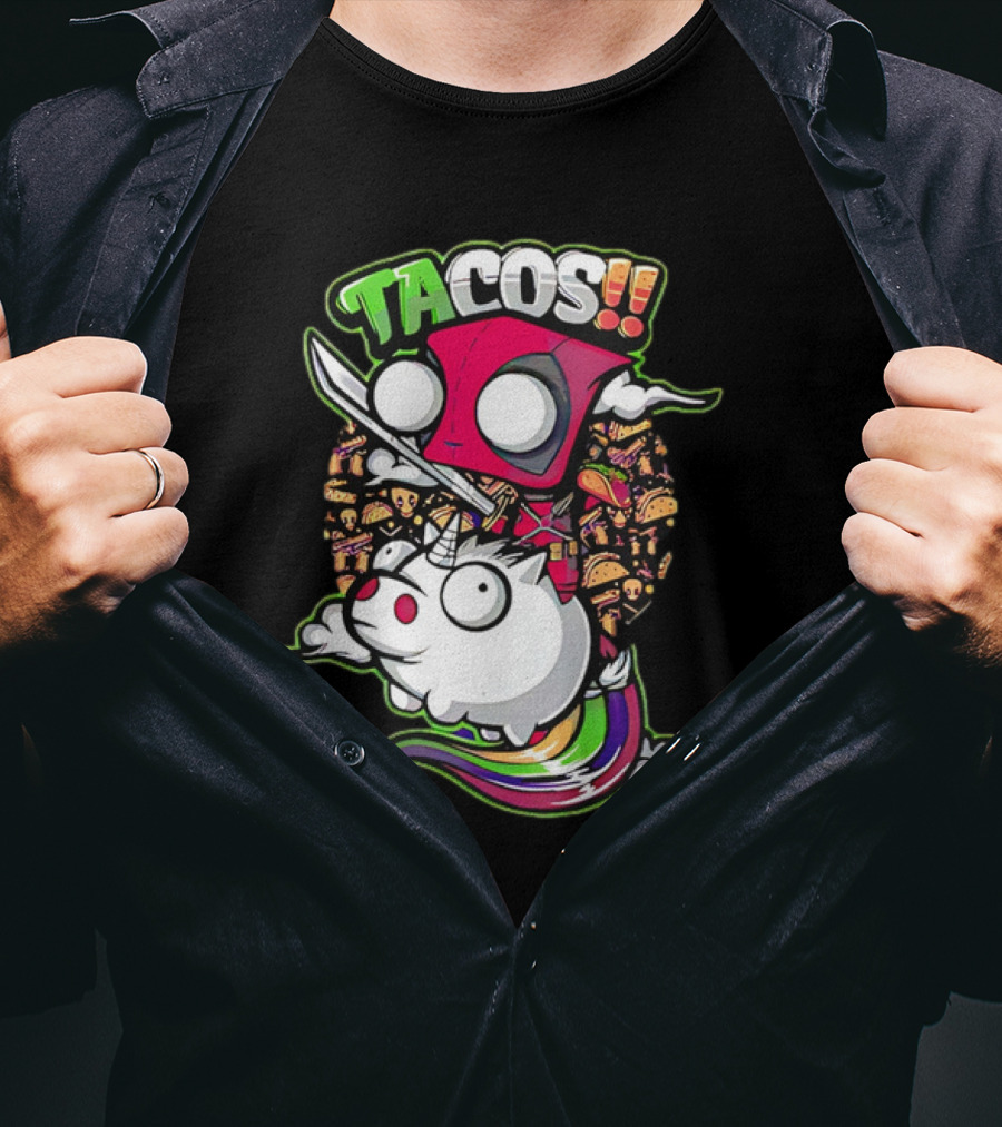 Tacos Deadpool Riding Unicorn Surrounded By Tacos Cartoon T-Shirt