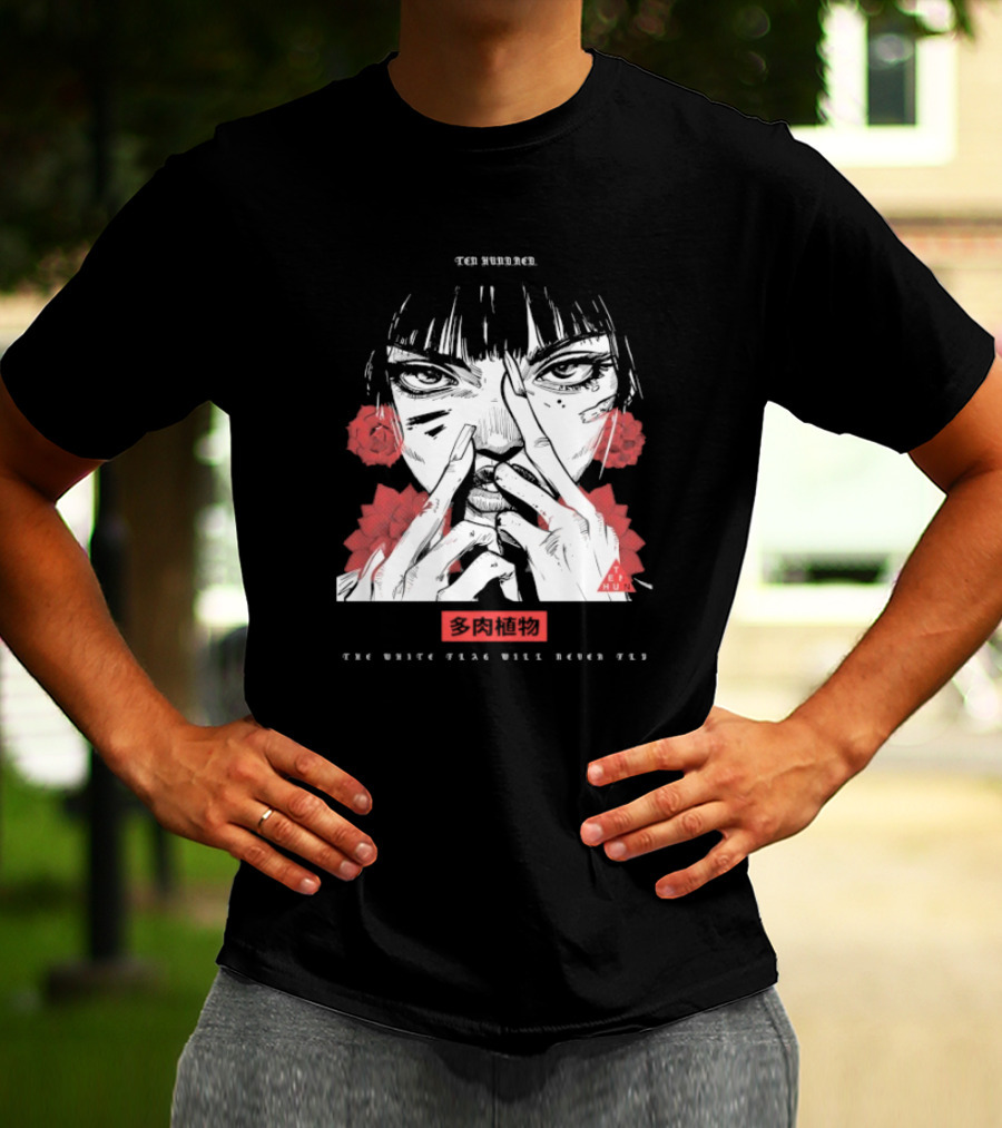 Ten Hundred The White Flag Will Never Fly Succulent Red Rose Manga Art T-Shirt