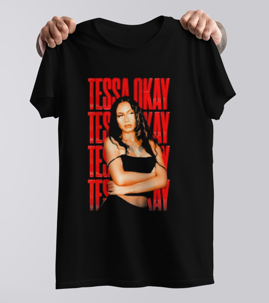 Tessa Okay Bold Red Typography With Crossed-Arms Portrait T-Shirt