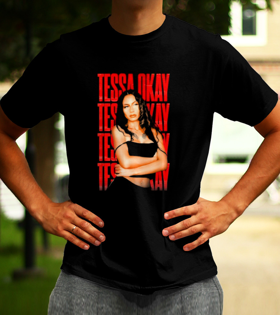 Tessa Okay Bold Red Typography With Crossed-Arms Portrait T-Shirt