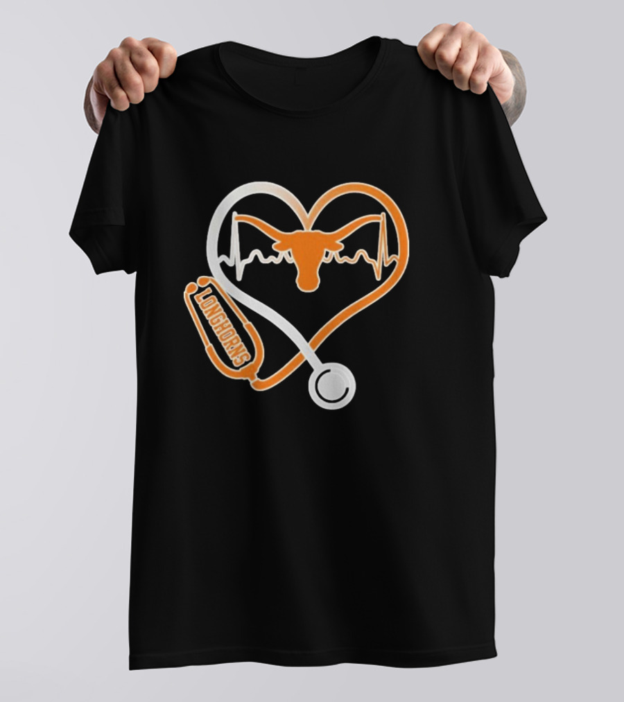 Texas Longhorns Caring Hearts Nurse Stethoscope Heartbeat T-Shirt