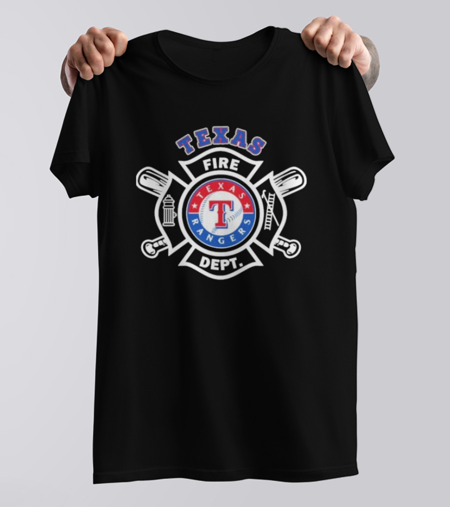 Texas Rangers Fire Dept Firefighters Maltese Cross Badge T-Shirt