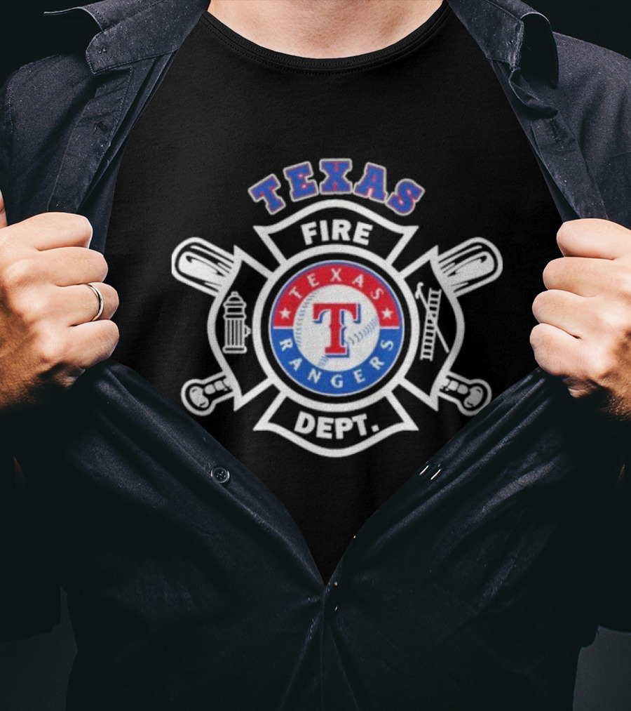Texas Rangers Fire Dept Firefighters Maltese Cross Badge T-Shirt