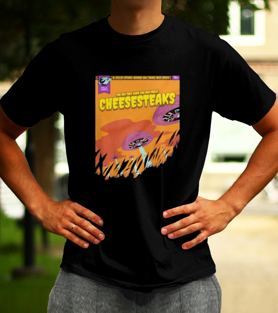 Philly Comics Alien UFO Cheesesteaks Abduction Sci-Fi Story Whiz With UFOs T-Shirt