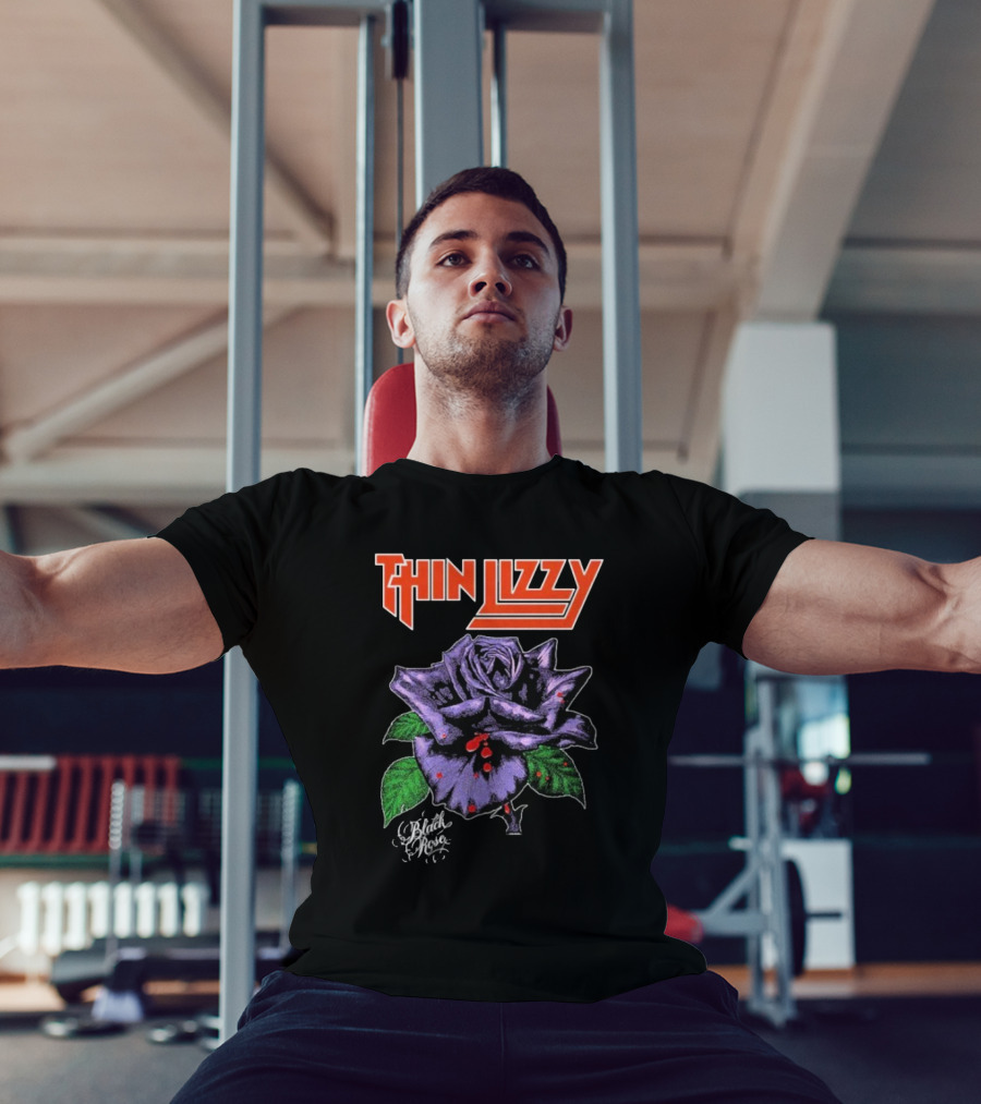 Thin Lizzy Black Rose With Purple Flower And Green Leaves T-Shirt