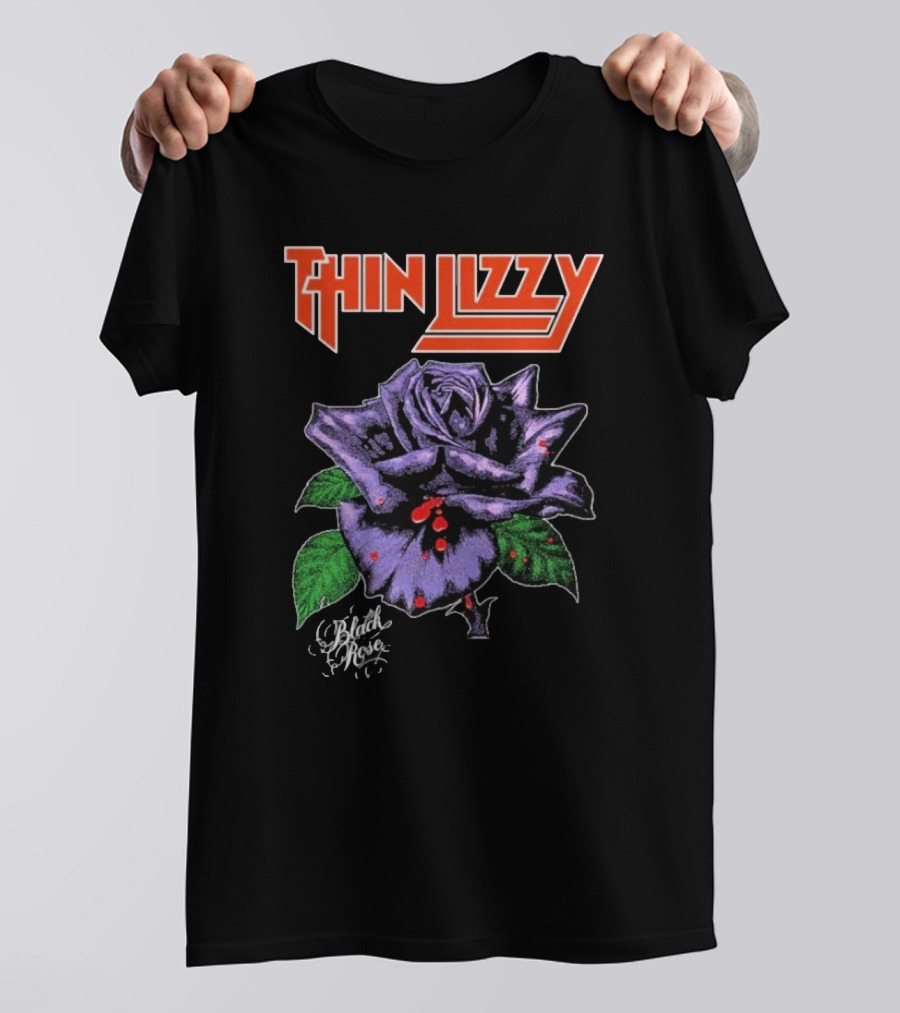 Thin Lizzy Black Rose With Purple Flower And Green Leaves T-Shirt