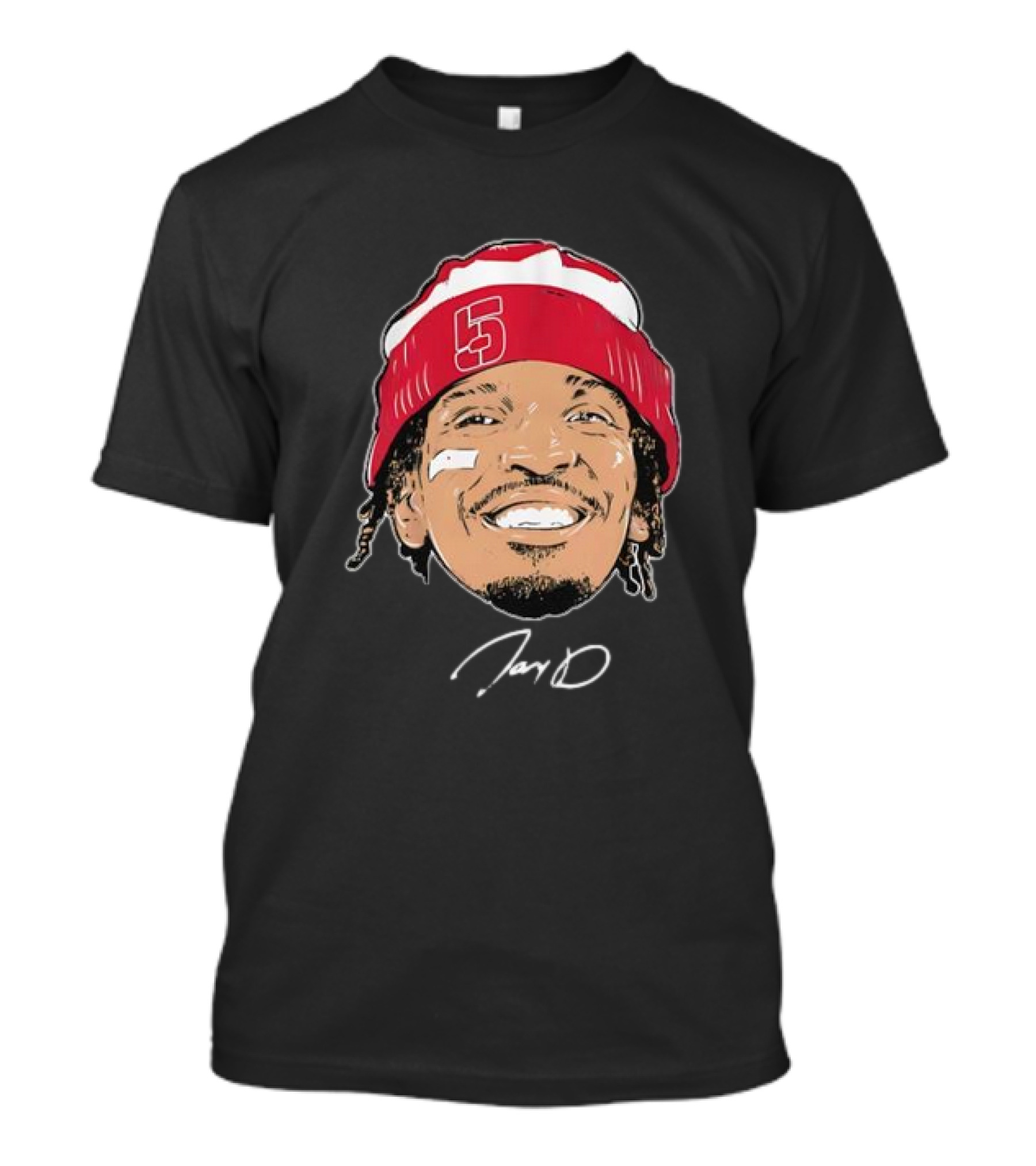 Washington Commanders Jayden Daniels Signature Face Bandage Number 5 Beanie T-Shirt