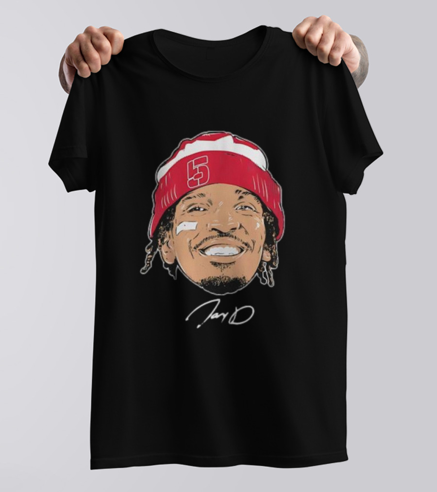 Washington Commanders Jayden Daniels Signature Face Bandage Number 5 Beanie T-Shirt