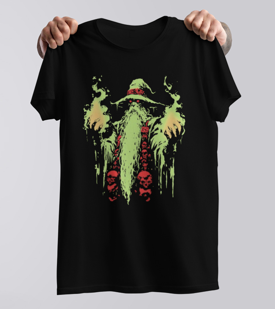 Wizard Of Doom Psychedelic Wizardry With Glowing Aura And Skull Elements T-Shirt