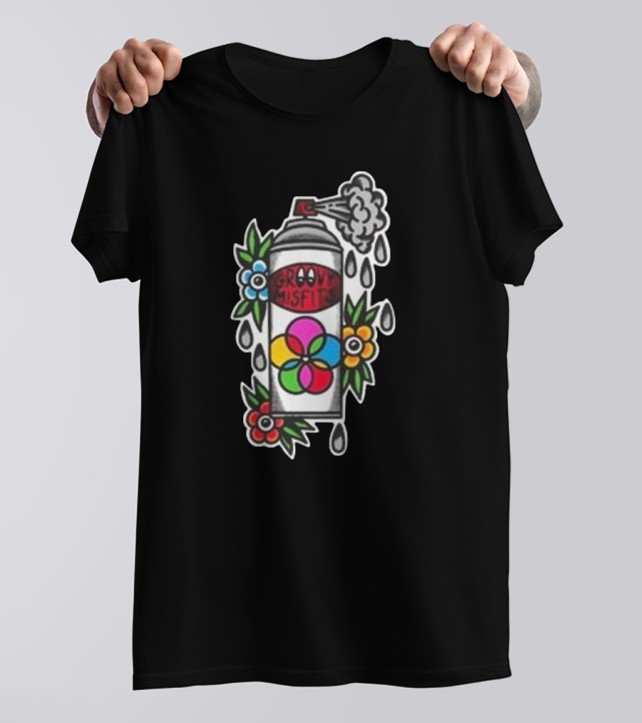 Tan Clemons Groovy Misfits Rattle Can Flower Power Design T-Shirt