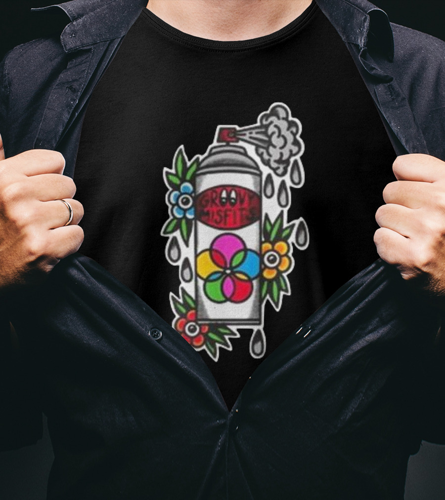 Tan Clemons Groovy Misfits Rattle Can Flower Power Design T-Shirt