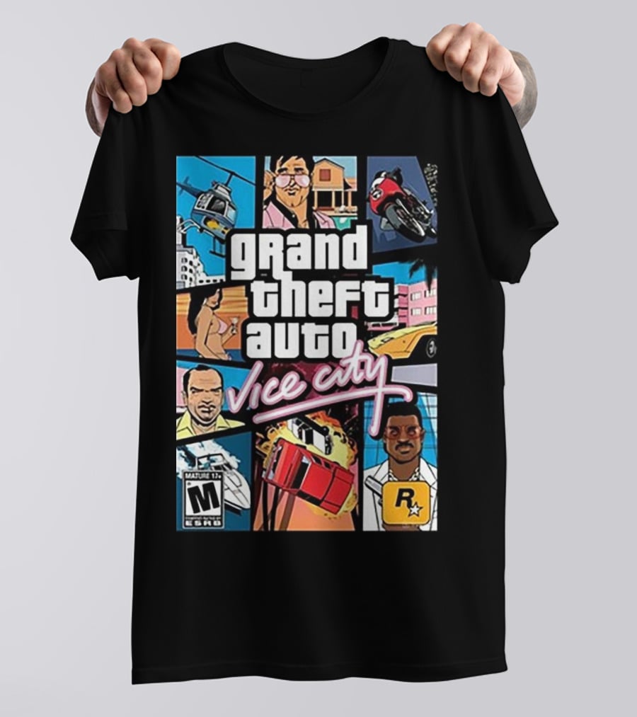 Grand Theft Auto Vice City Game Cover Art Helicopter Motorcycle Car Explosion R Star Logo T-Shirt