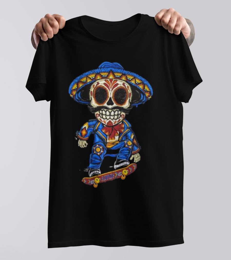 Mariachi Skull Skateboarding In Colorful Traditional Outfit T-Shirt