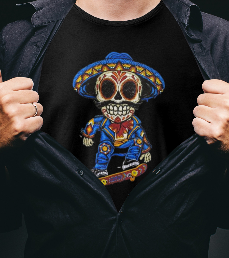 Mariachi Skull Skateboarding In Colorful Traditional Outfit T-Shirt